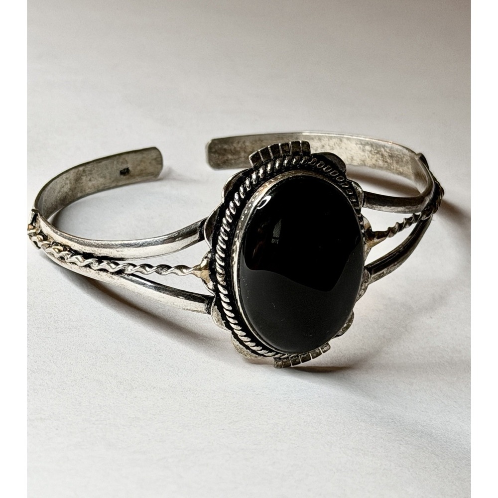 Vtg Navajo Sterling Silver Black Onyx Cuff Bracelet 925 Southwestern Split Shank
